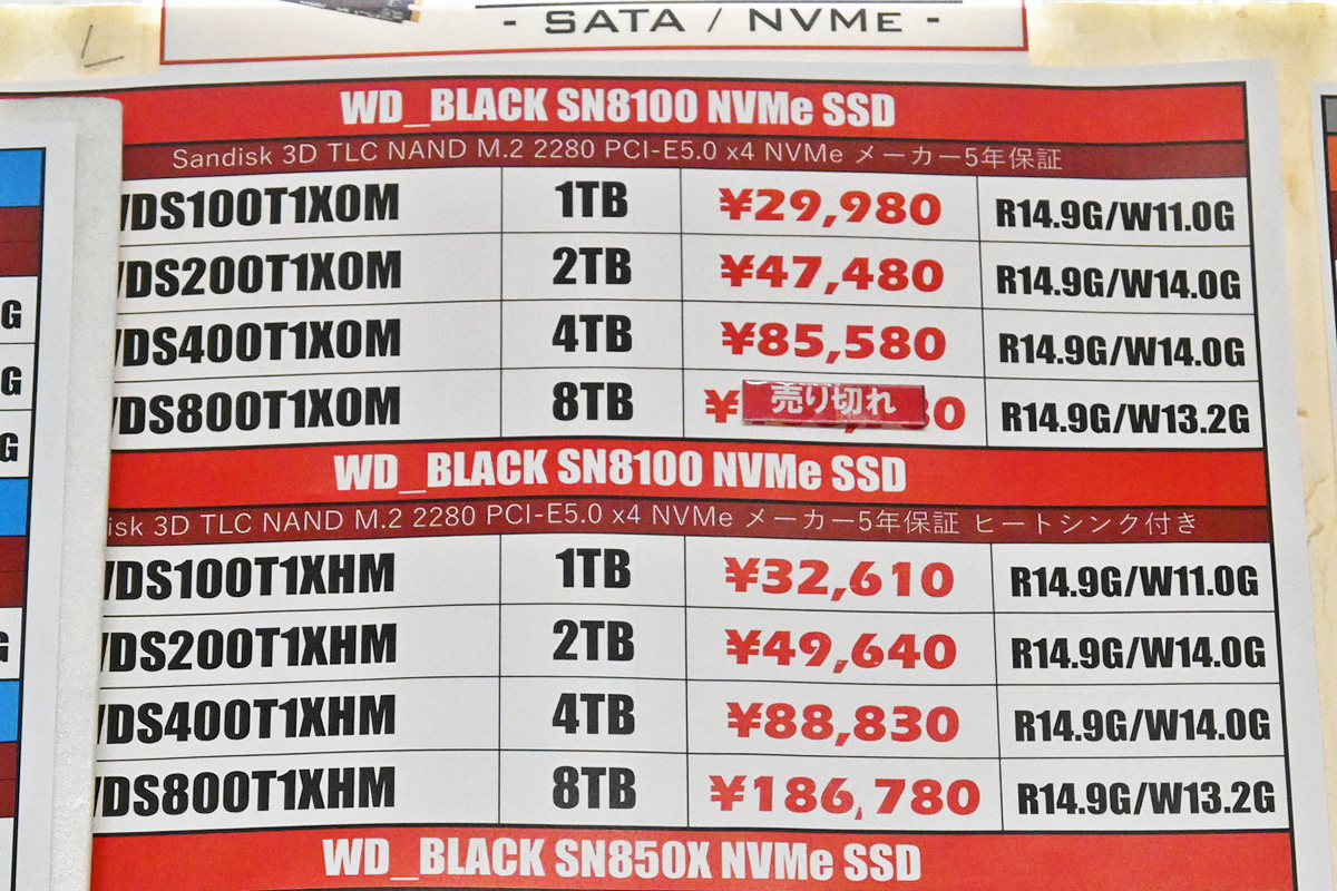 Western Digital(Sandisk)「SN8100」の店頭価格表(1月10日撮影)