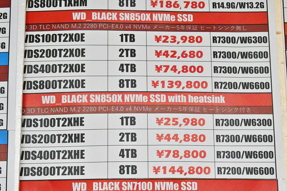 Western Digital(Sandisk)「WD Black SN850X」の店頭価格表(1月10日撮影)