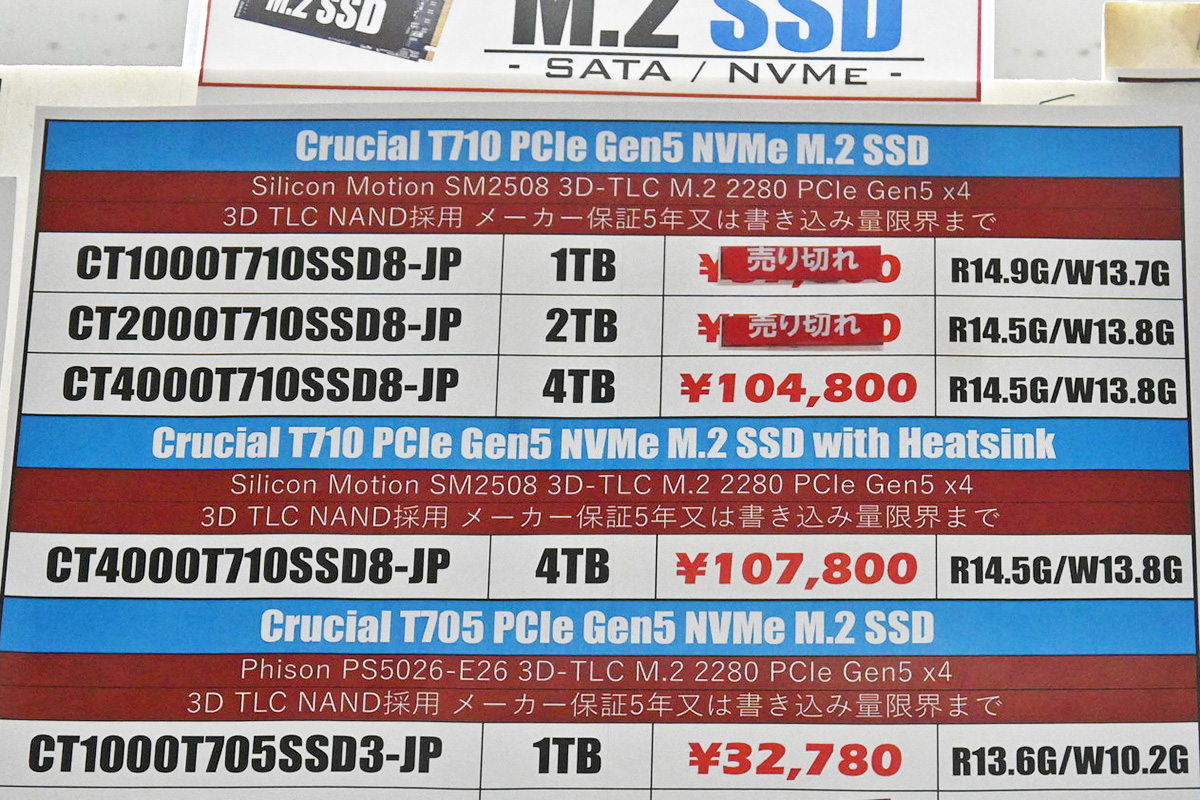 rucial「T710」ヒートシンク搭載4TBが10万円台で再入荷(1月10日撮影)