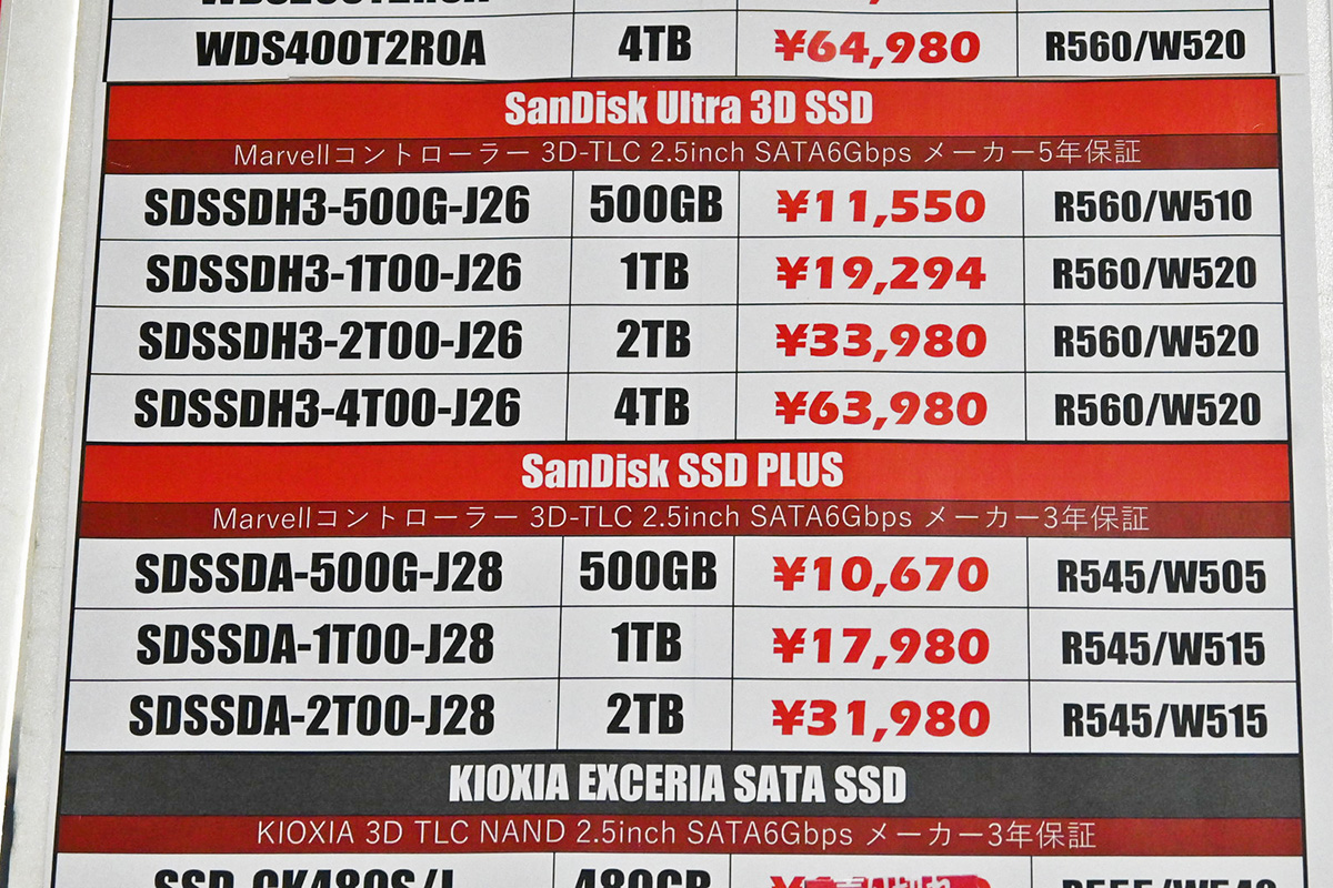 Sandisk「Ultra3D」・「SSD Plus」の店頭価格表(1月10日撮影)