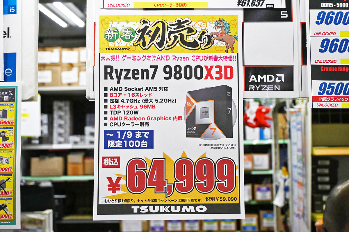 「Ryzen 7 9800X3D」が64,999円(1月3日撮影)