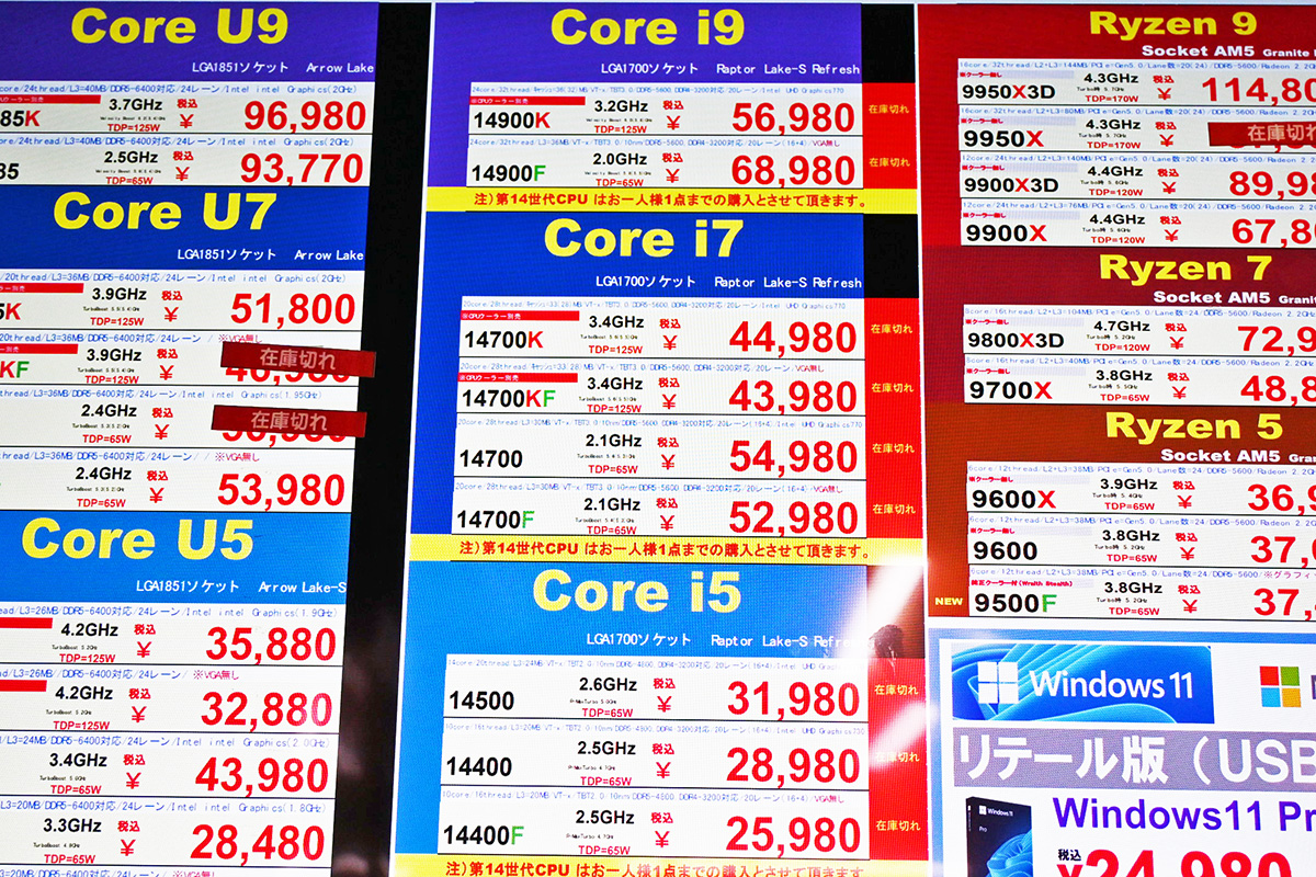 Intel第14世代は軒並み品切れ(1月10日撮影)