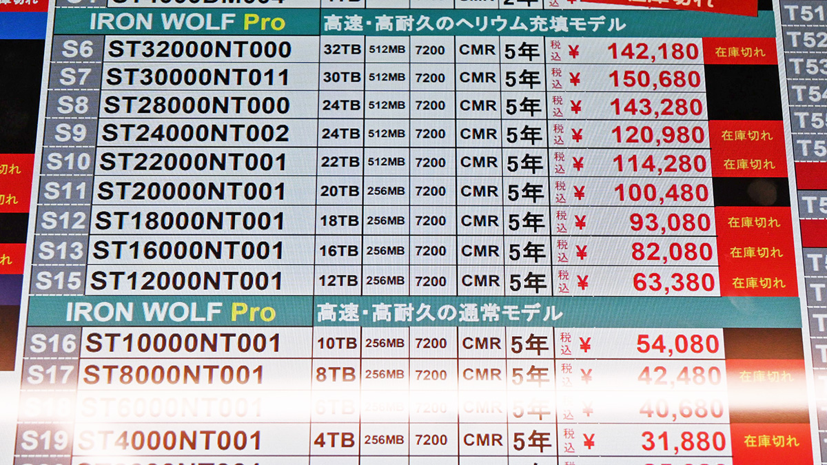 Seagate「IronWolf Pro」の店頭価格表(1月24日撮影)
