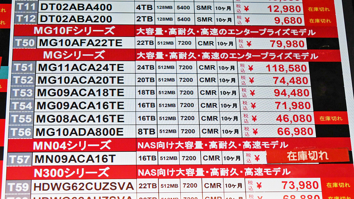 東芝「MG」シリーズが全体的に値上がり(1月24日撮影)