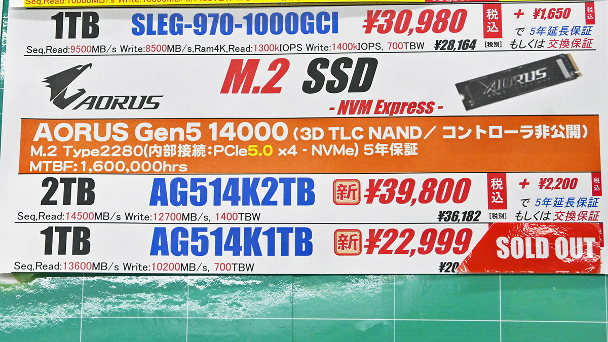 GIGABYTE「AORUS Gen5 14000」2TBが39,800円(1月24日撮影)