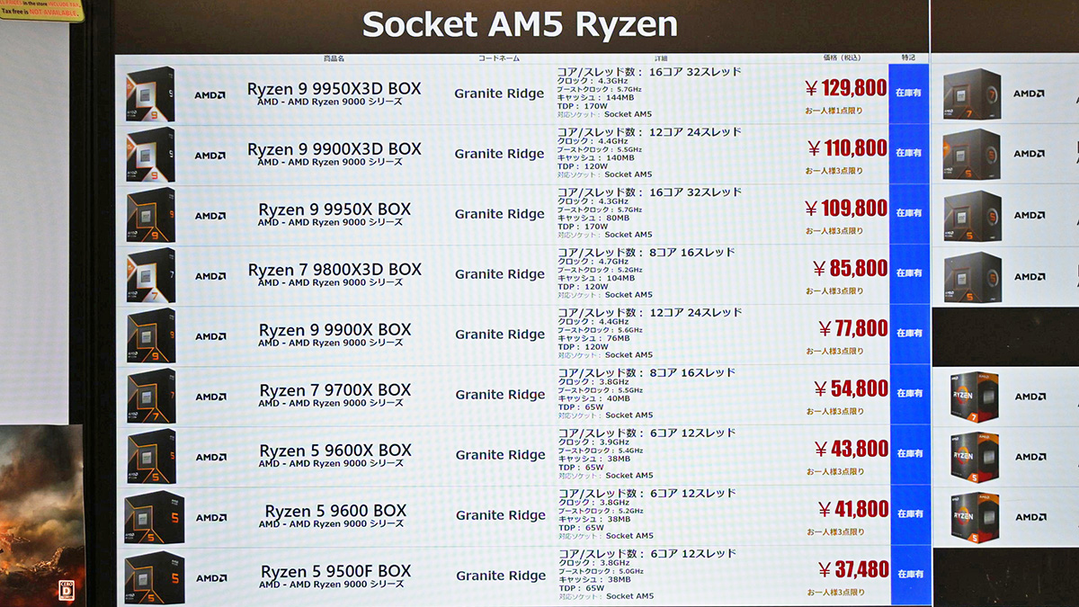 Ryzen 9000シリーズの店頭価格表(1月24日撮影)