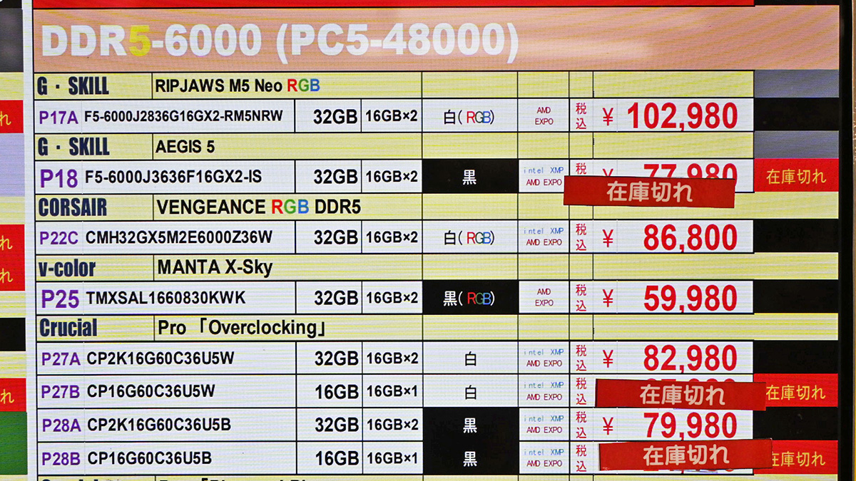 「DDR5-6000」16GB×2枚組(V-COLOR)が59,980円(1月24日撮影)