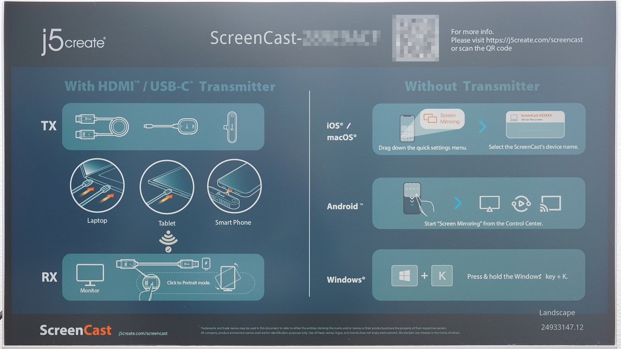 JVAW65のレシーバーを挿した映像機器に表示される待機画面。これで本製品の使い方/構成がひと通り把握できる。なお、JVAW65のレシーバーは、Miracastのレシーバーとしても利用可能だが、その場合は著作権保護がかかった映像は表示できない