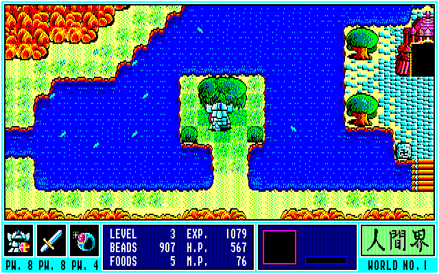 マップはかなり広いですが、基本的にはスタート地点から遠くなるほど敵が強くなります。その分、実入り(稼ぎ)も良くなるほか、“美味しい”敵もいますので、それを見極めるのが重要になります。とはいえ、岩のように硬くて手強い相手も……。H･Pが半減したら、菩提樹でお祈りして回復させるのを忘れずに。