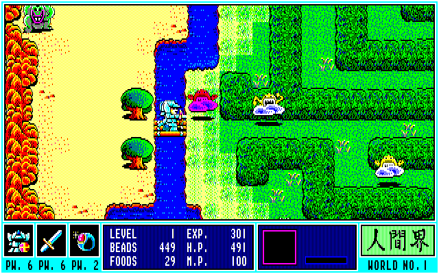 ゲームが始まると、フィールドには敵がワラワラと出現します。敵に隣接してスペースキーを押せば剣でアタックできますが、射程が短いので位置取りが重要になります。弾を撃ってくる相手には、5キーを押すことでタテを前方に出して避けることが可能でした。