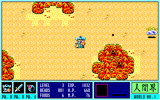 ゲームが始まると、フィールドには敵がワラワラと出現します。敵に隣接してスペースキーを押せば剣でアタックできますが、射程が短いので位置取りが重要になります。弾を撃ってくる相手には、5キーを押すことでタテを前方に出して避けることが可能でした。