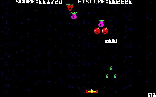 なすをひきつれたにんじんは、高得点ゲットのチャンス。しかし、敵が撃ってくる青虫の数も大量なので、なかなか思ったようにはいきません。なお、敵の弾はあくまでも“青虫”であって、似たような“何か”ではありません(笑)。