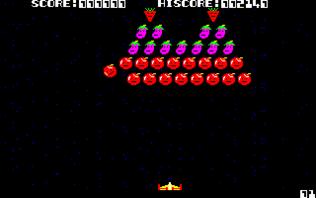 自機のショットはフォークになっていて、これを敵の野菜に当てれば倒すことができます。敵の数は全部で30で、2パターンに表情が変わる顔グラフィックが用意されているのがユニークなところでした。