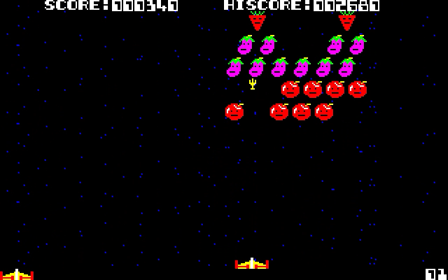 自機のショットはフォークになっていて、これを敵の野菜に当てれば倒すことができます。敵の数は全部で30で、2パターンに表情が変わる顔グラフィックが用意されているのがユニークなところでした。
