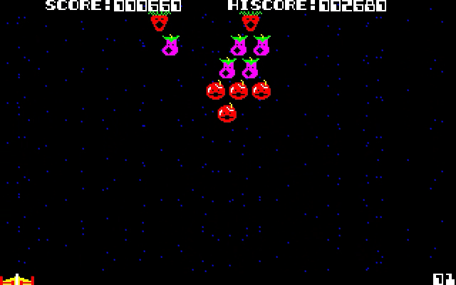 自機のショットはフォークになっていて、これを敵の野菜に当てれば倒すことができます。敵の数は全部で30で、2パターンに表情が変わる顔グラフィックが用意されているのがユニークなところでした。