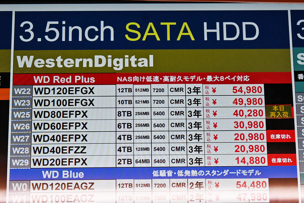Western Digital「WD Red Plus」の店頭価格表(2月7日撮影)
