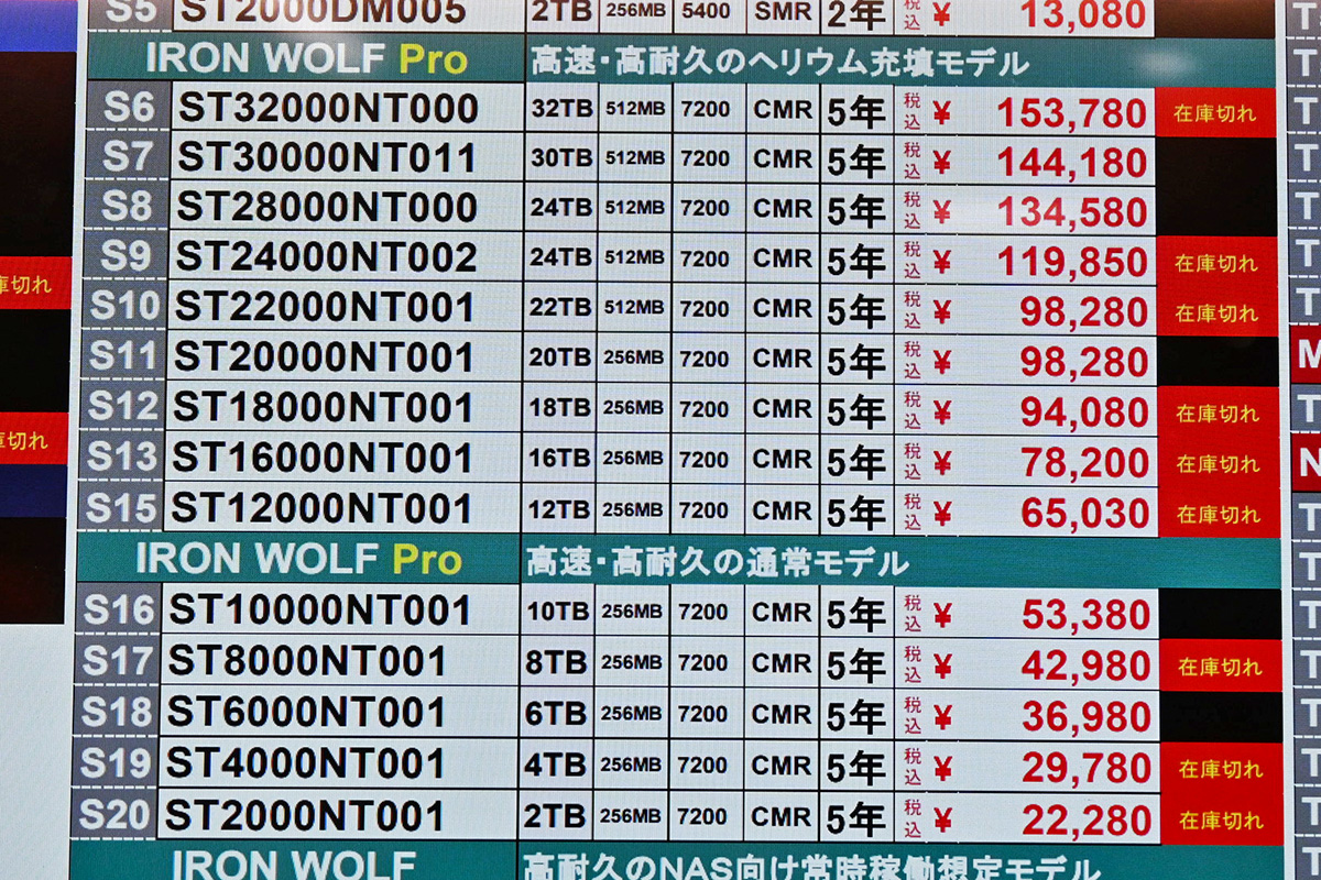 Seagate「IronWolf Pro」の店頭価格表(2月7日撮影)