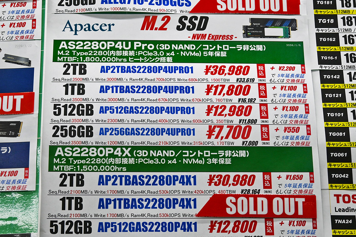 Apacer「AS2280P4U Pro/AS2280P4X」店頭価格表(2月7日撮影)
