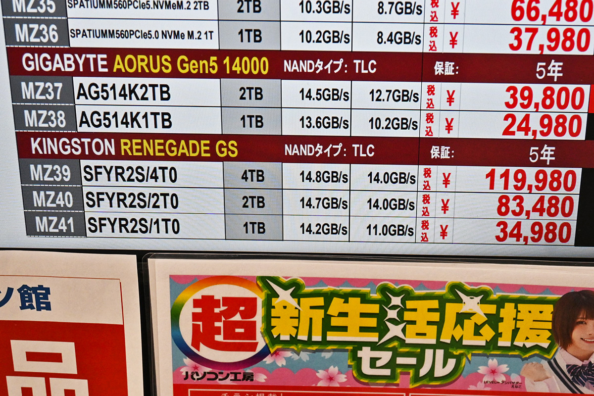 Kingston「FURY Renegade G5」など店頭価格表(2月7日撮影)