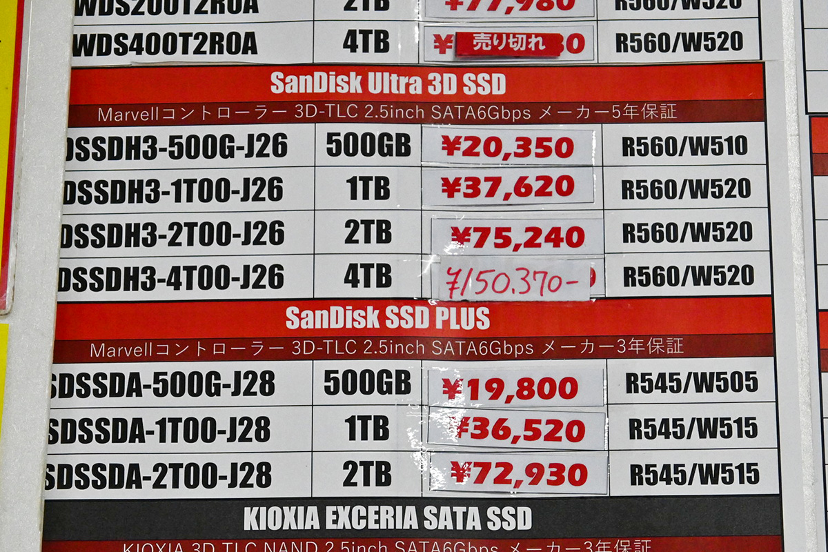 Sandisk「Ultra 3D/SSD Plus」店頭価格表(2月7日撮影)