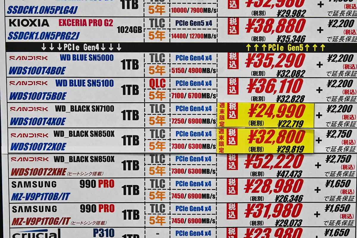 Western Digital(Sandisk)「WD Blacn SN850X」ヒートシンク非搭載1TBが32,800円など(2月7日撮影)