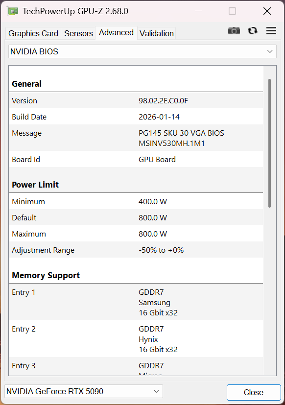 GPU-Zによる情報（OCモード時）。TGPはPower Limit欄に800Wと表示されている。Maximumも800Wということは、オーバークロックツールでPower Limitを引き上げることはできない。つまり、性能向上を目指すなら、手動で純粋にクロックを引き上げる設定が必要であることを示している