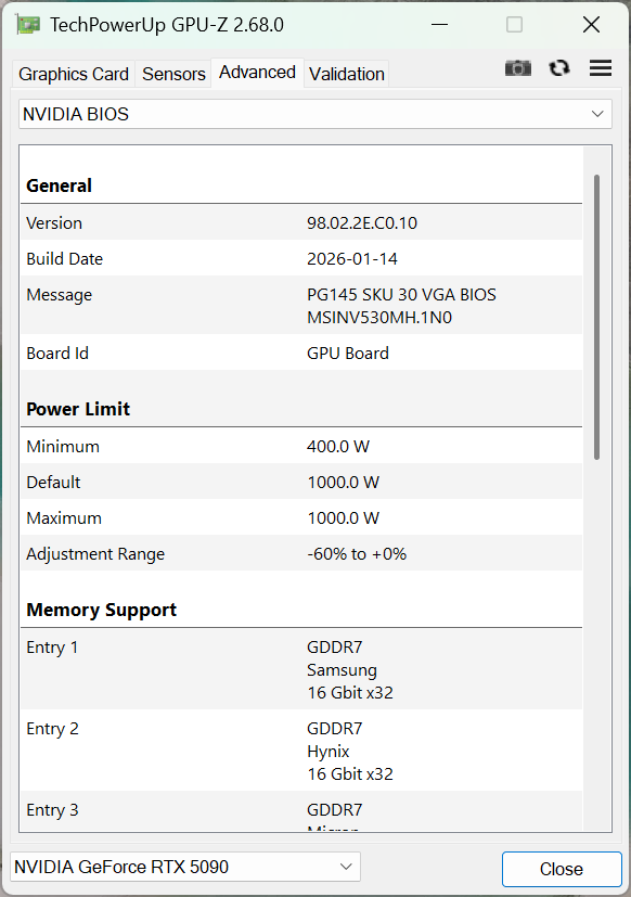 GPU-Zによる情報（EXTREMEモード時）。TGPが1,000Wに設定されている
