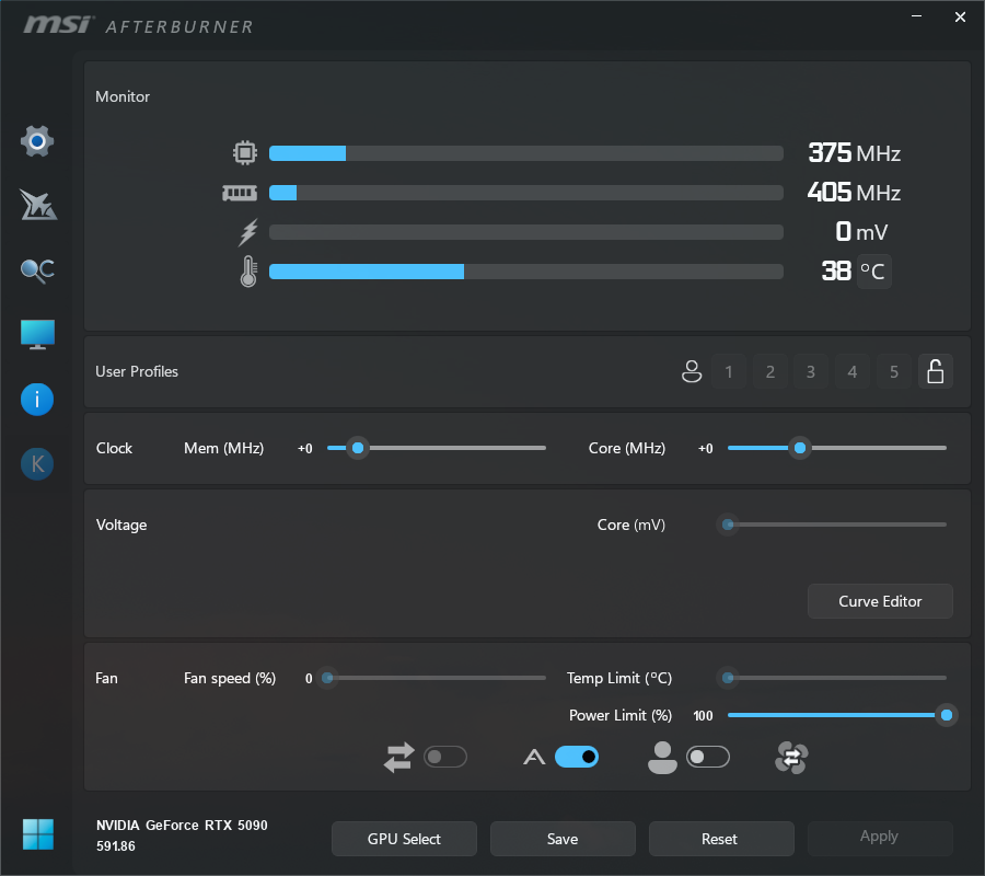 MSI「Afterburner」でPower Limitをチェックしたところ。Power Limitのツマミは100%以上に動かすことができない