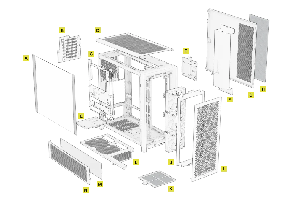 CORSAIRの完全モジュール設計を採用しており、各パーツをマウントするユニットや電源シュラウドなど、ほとんどの部品が着脱できる