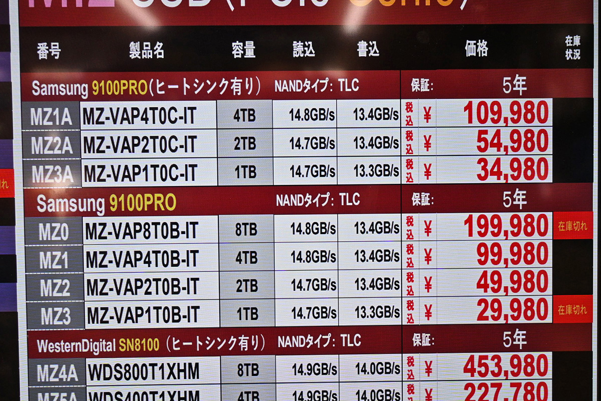 Samsung「9100 PRO」の店頭価格表(2月21日撮影)