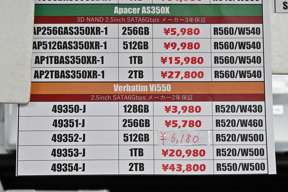Apacer「AS350X」/Verbatim「Vi550」の店頭価格表(2月21日撮影)