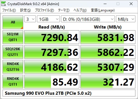 PCIe 5.0 x2接続時のCrystalDiskMark実行結果。シーケンシャルリード(Q8T1)は7,290MB/s、同ライトは5,831MB/sを記録した