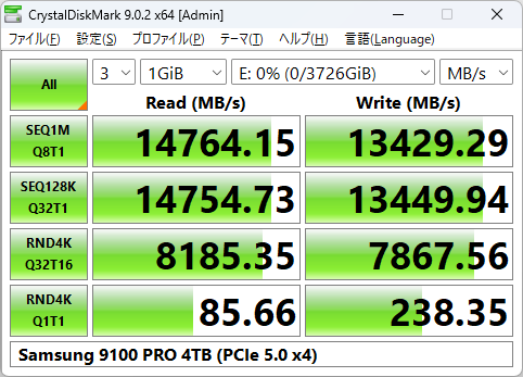 9100 PRO 4TB(M2_1)のCrystalDiskMark実行結果。PCIe 5.0 x4接続により最大限の性能を発揮している