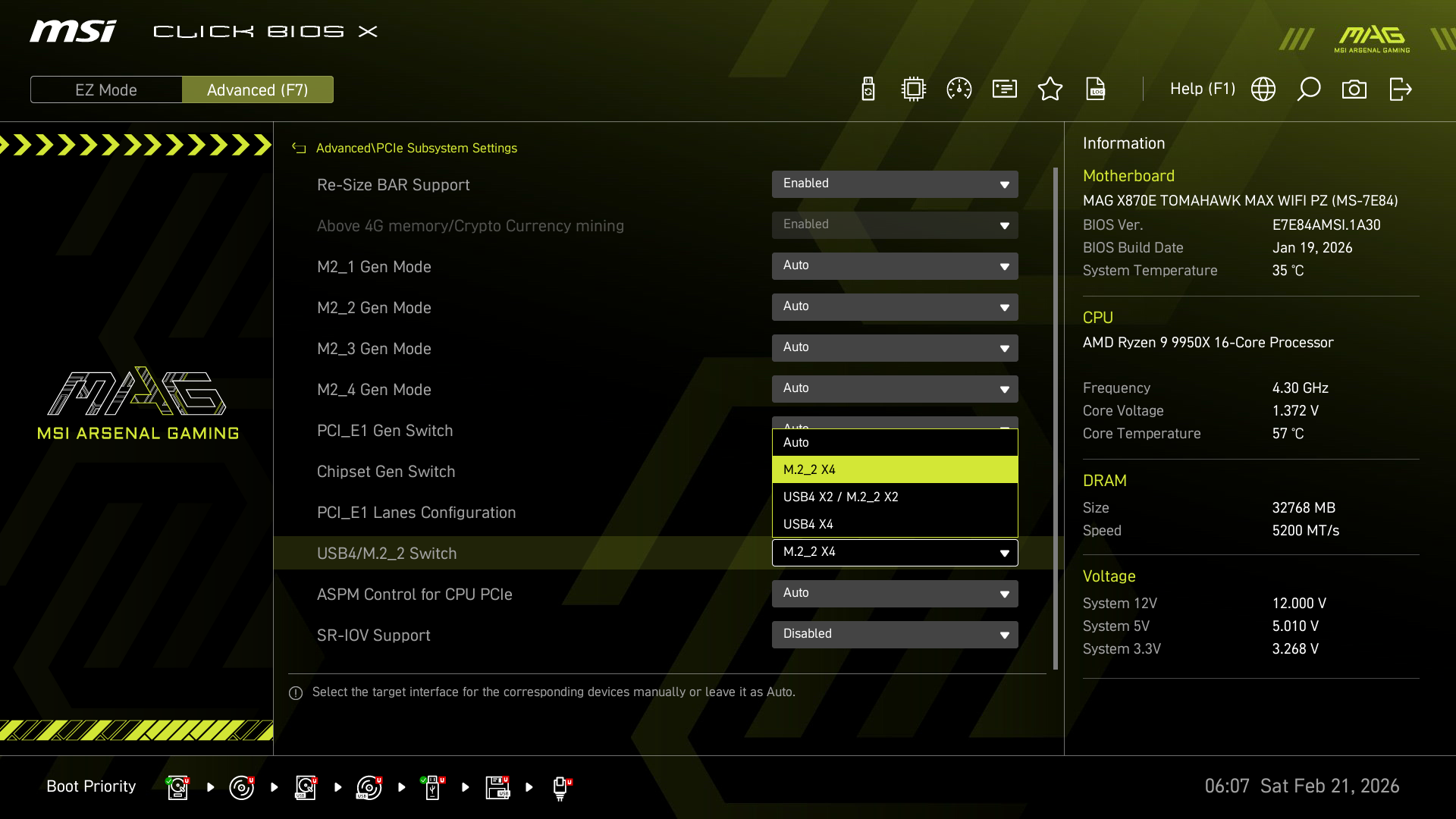 「M2_2 X4」モードを選択した場合、USB4が無効になる代わりにM2_2スロットはPCIe 5.0 x4接続が可能になる