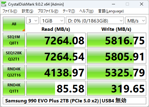990 EVO PlusのCrystalDiskMark実行結果(M2_2 X4モード)