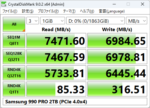 990 PROのCrystalDiskMark実行結果(M2_2 X4モード)