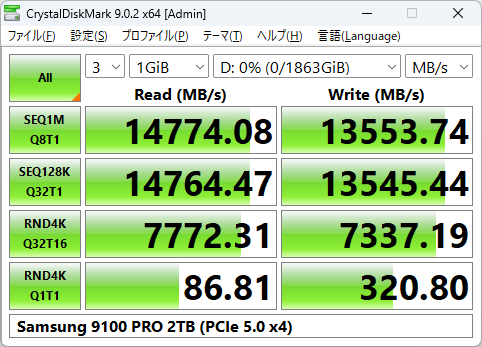 9100 PROのCrystalDiskMark実行結果(M2_2 X4モード)