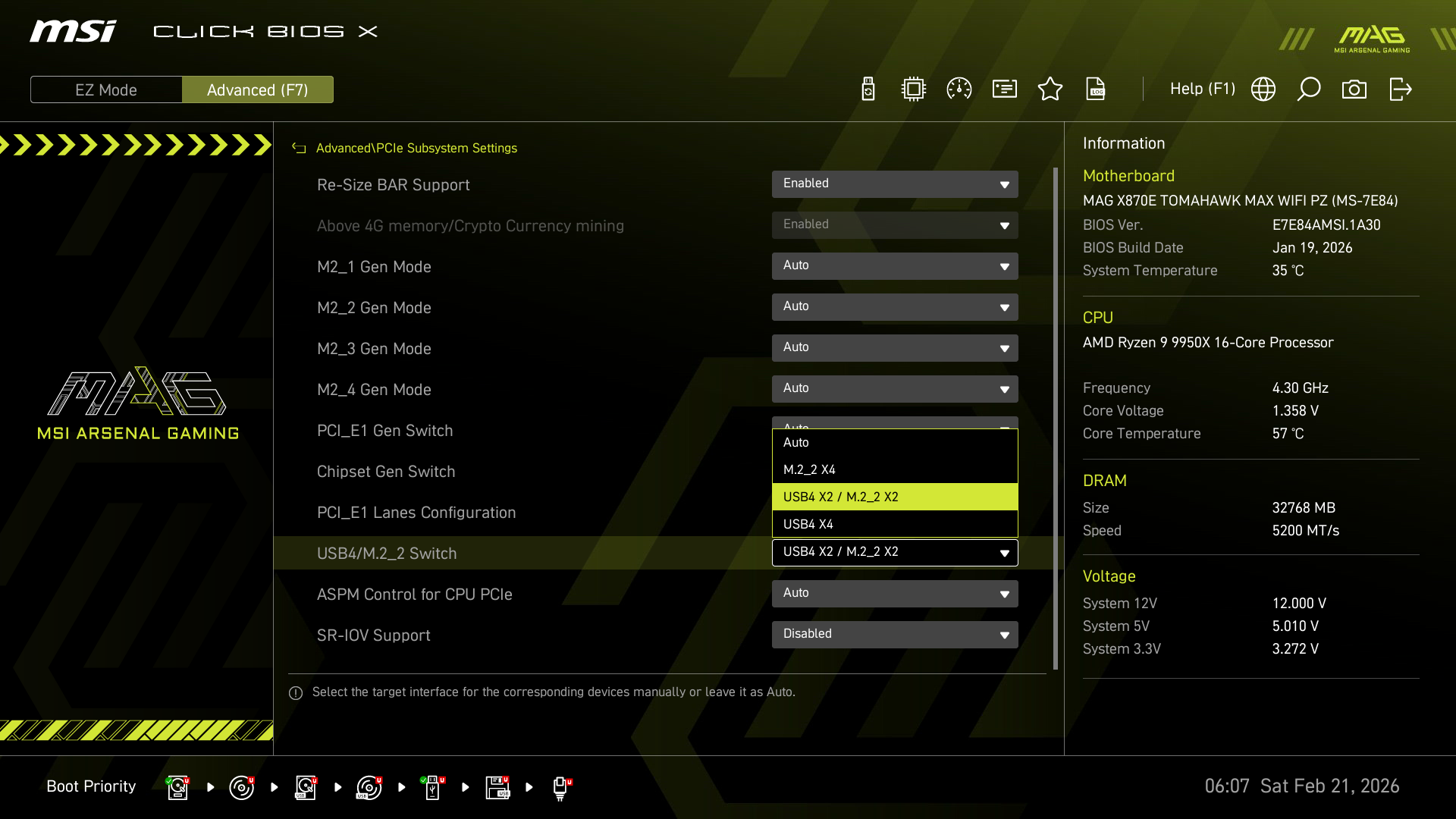 「USB4 X2/M2_2 X2」モードを選択した場合、PCIe 5.0 x4はUSB4とM2_2スロットに2レーンずつ割り当てられる