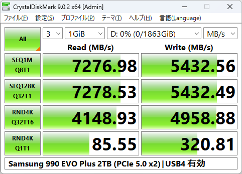 990 EVO PlusのCrystalDiskMark実行結果(USB4 X2/M2_2 X2モード)