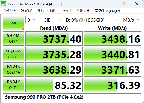 990 PROのCrystalDiskMark実行結果(USB4 X2/M2_2 X2モード)
