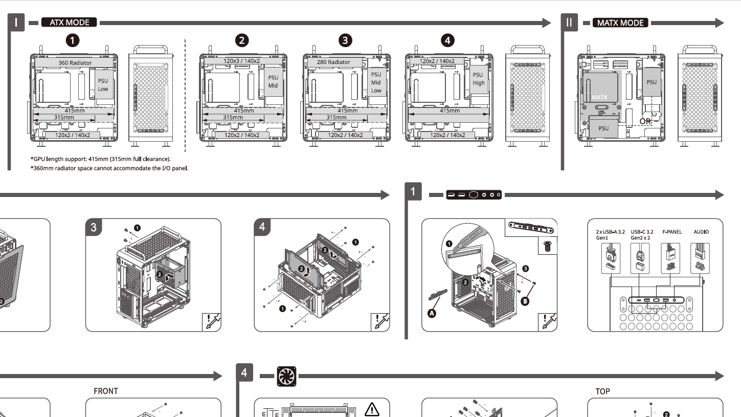 マニュアルの冒頭に、ラジエーターやファン、電源ユニットのサイズによってどういった構造になるのかという概念図が掲載されている。カスタマイズの自由度が高いケースだけに組み合わせ面の複雑さはあるので、マニュアルは事前に確認しておいたほうがよい