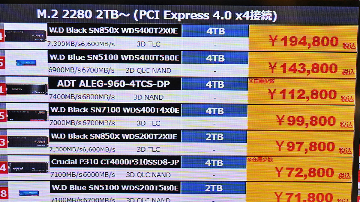 Western Digital(Sandisk)「WD Black SN7100」4TBが99,800円(3月7日撮影)