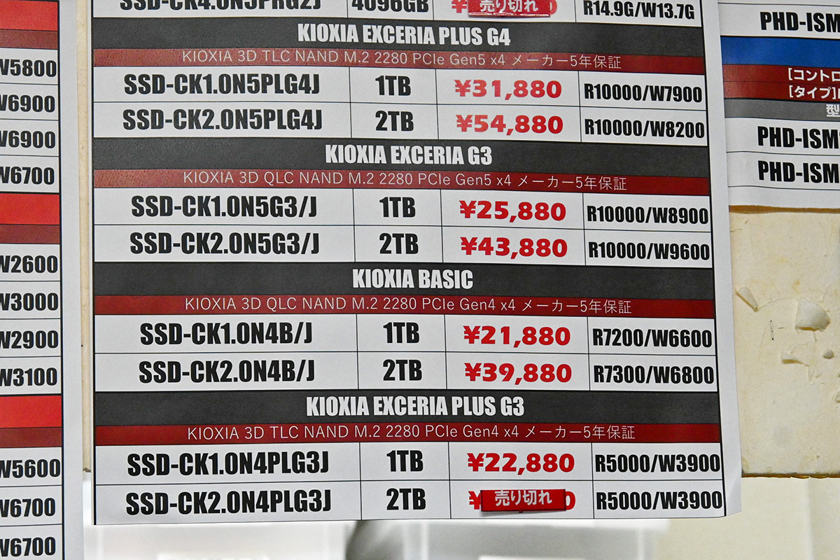 「EXCERIA BASIC」などキオクシア製SSDの店頭価格表(3月7日撮影)