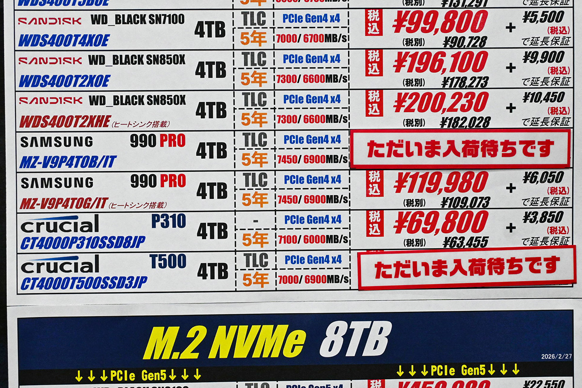 Crucial「P310」4TBが69,800円(3月7日撮影)