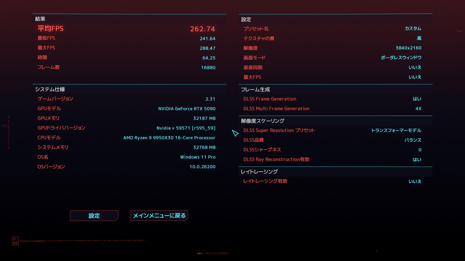 サイバーパンク2077の4K、画質レイトレーシング:オーバードライブ、DLSSバランス、DLSS MFG 4x設定での結果