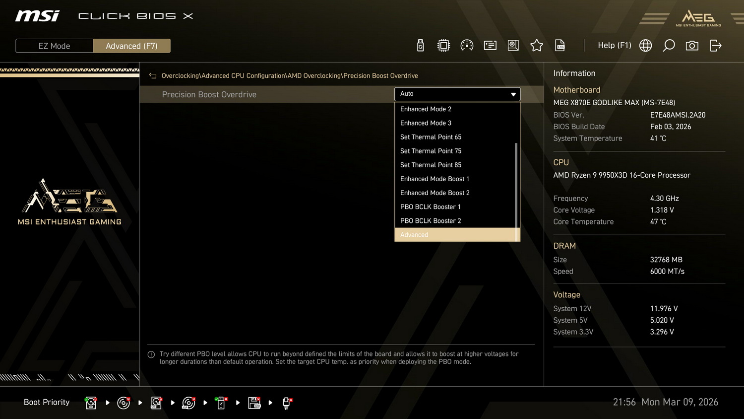 UEFIメニューのPBO設定に「PBO BCLK Booster」としてOC Engineを活用できるプリセットが用意されている