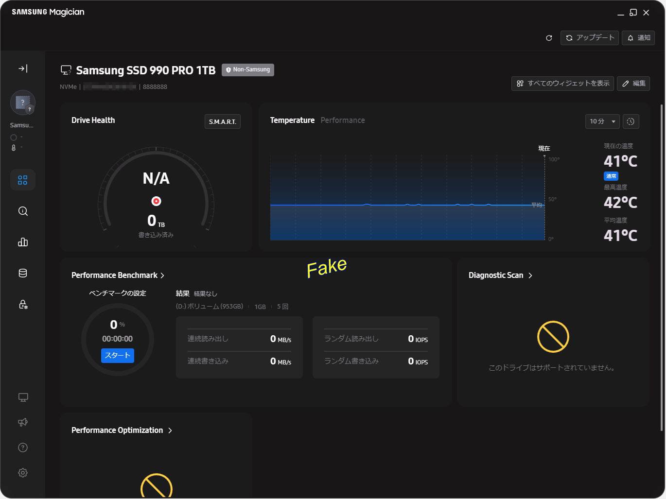 模造品をMagicianで認識した場合、正規品の認証が取れないためデバイス名が990 PROであるにも関わらず「Non-Samsung」と表示される