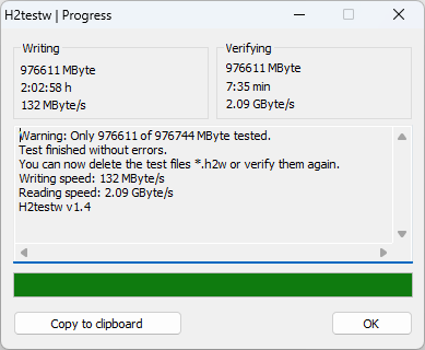 模造品の全記憶容量に対して実行したH2testwの結果
