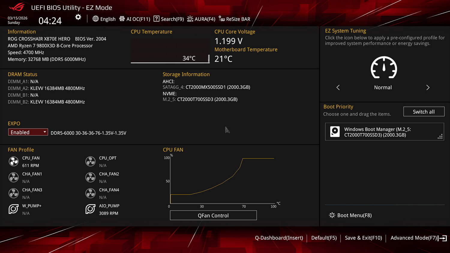 UEFIメニューがEZ ModeならEXPOをEnabledにして保存すればDDR5-6000での動作になる