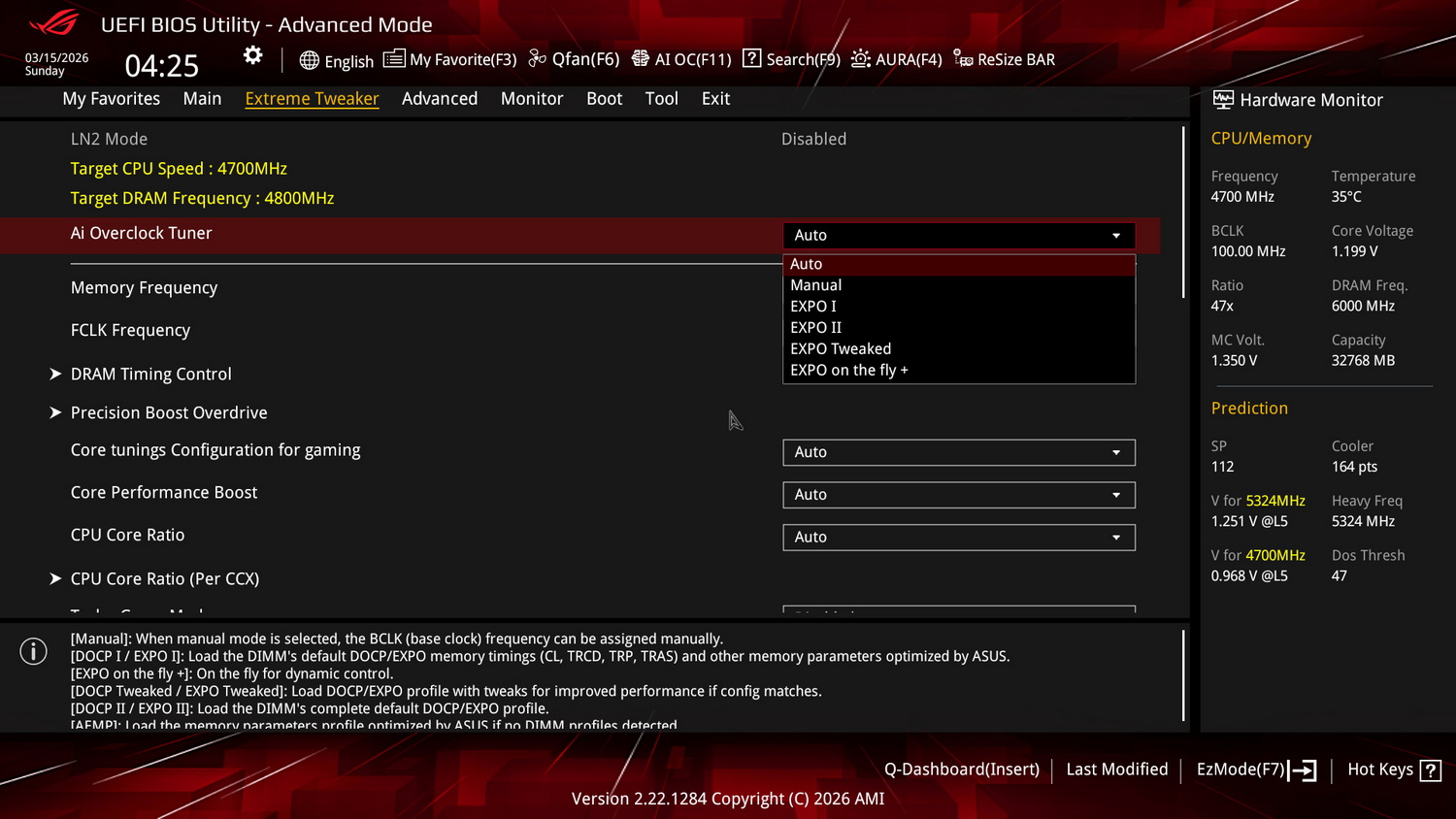 Advanced Modeでは上部メニューを「Extreme Tweaker」に移動し、「Ai Overclock Tuner」のプルダウンメニューを開いて「EXPO I」を選択